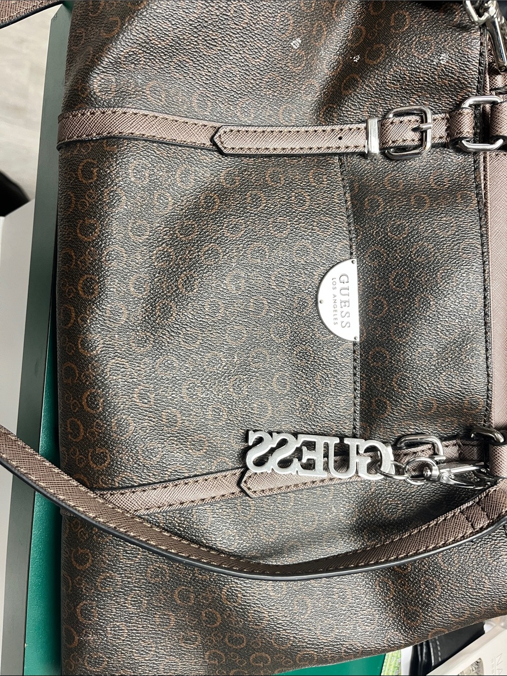 GUESS Brown Monogram Shoulder Tote with Silver Logo Charm